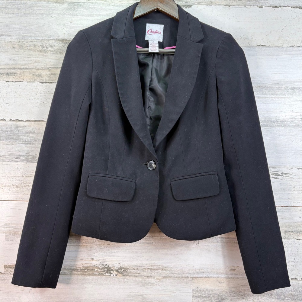 Candie's Womens Blackโ Single Button Cropped Blazer Shawl Lapel Size Small